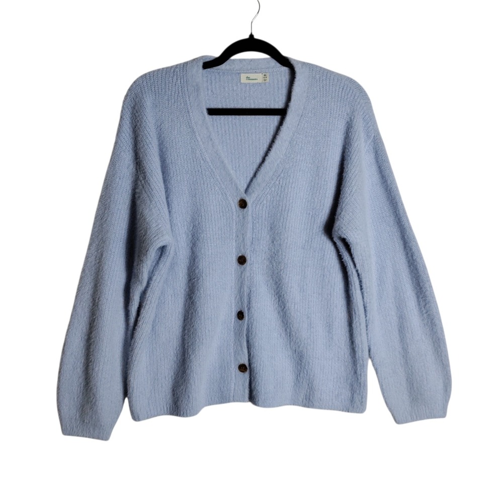 The Commons Womens XL Blue Fuzzy Knit Button Front V-Neck Cardigan Sweater